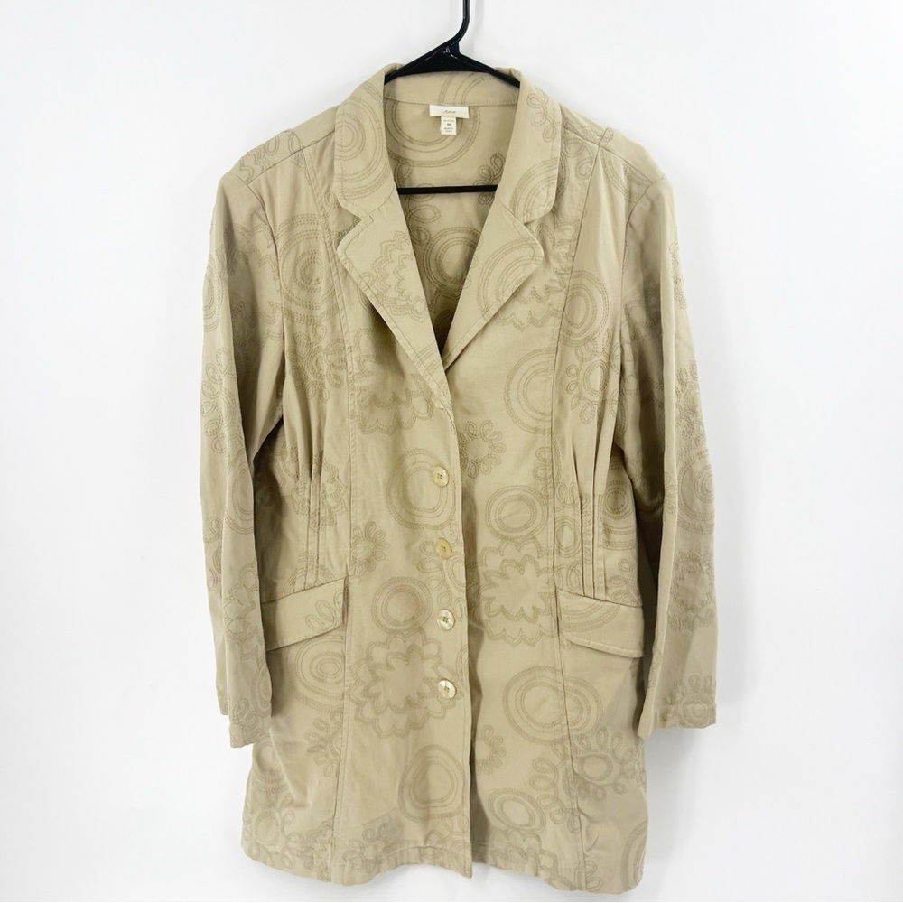 ✅ J Jill CREAM Trench Coat Cotton Stretch Embroidered Button-Front Size Medium